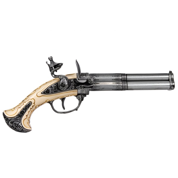 Döner 2 Namlu Çakmaklı Dekoratif Replika Model, Fransa 18.yy (30,5 cm)