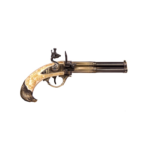 Üç Namlulu Çakmaklı , Dekoratif Replika Model, Fransa 18. Yüzyıl (30 cm)