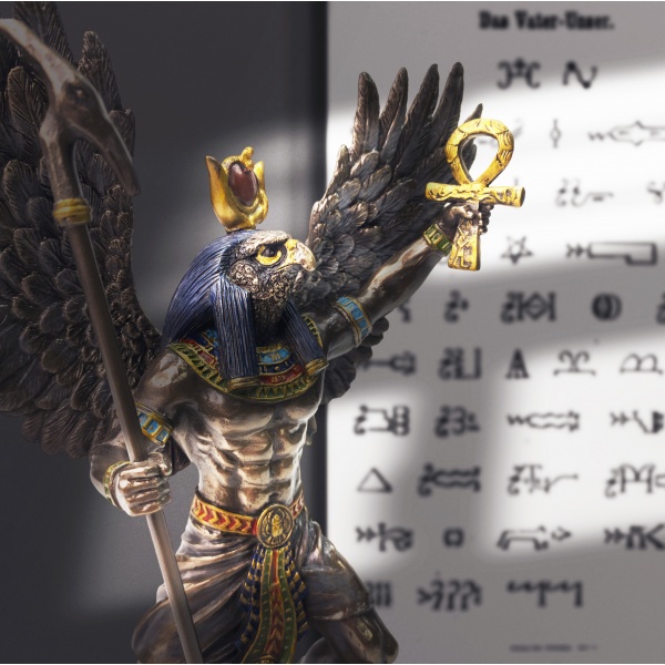 Antik Mısır Güneş Tanrısı Ra Figürü, Bronz ve Renkli El Boyaması, Dekoratif Heykel 20x9,5x27 cm