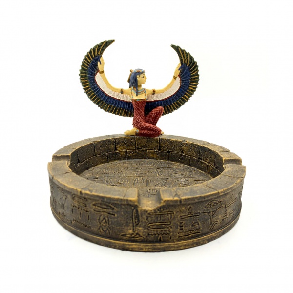 Antik Mısır Isis Figürlü Küllük, Renkli El Boyaması 10x10x9 cm