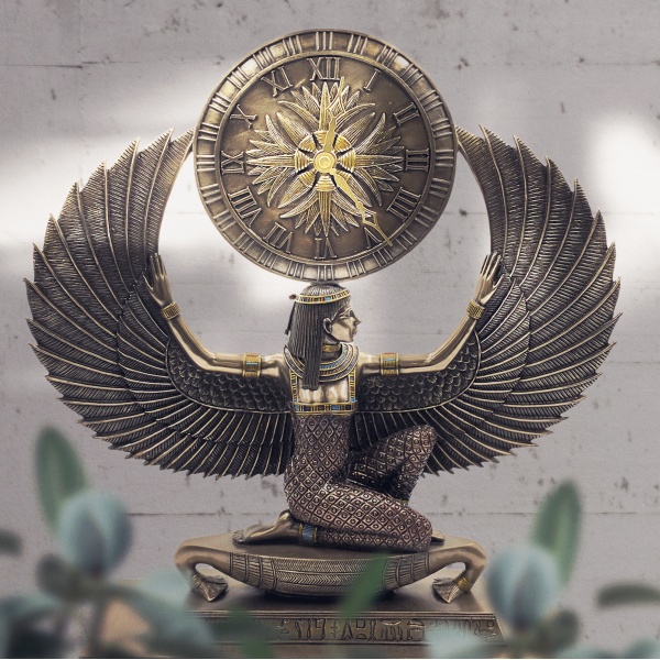 Antik Mısır İsis Figürlü Masa Saati, Bronz ve Renkli El Boyaması, Dekoratif Saat 45x12x38 cm
