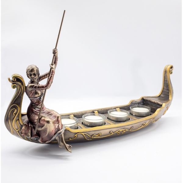 Art Nouveau Kadın Figürlü Kayık Mumluk, Bronz El Boyaması, Dekoratif Mumluk 40,5x13x20 cm