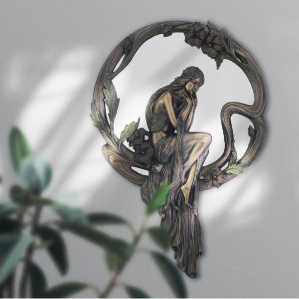 Art Nouveau Kadın ve Çiçekler Figürlü Duvar Aynası, Renkli El Boyaması 50x7x72 cm