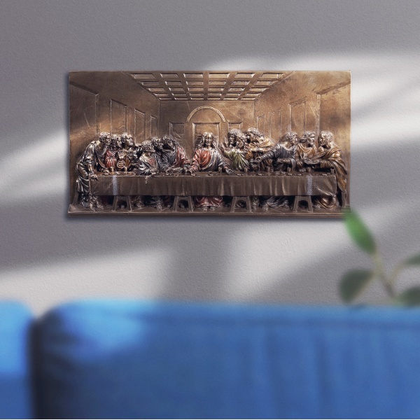 Leonardo Da Vinci Son Akşam Yemeği Duvar Panosu, Bronz El Boyaması, Duvar Dekoru 36x18,5x3 cm