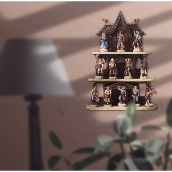 Norse Mitolojik Figürler Seti Tapınak Standı ile, Renkli El Boyaması, Dekoratif Set 30x9x41 cm