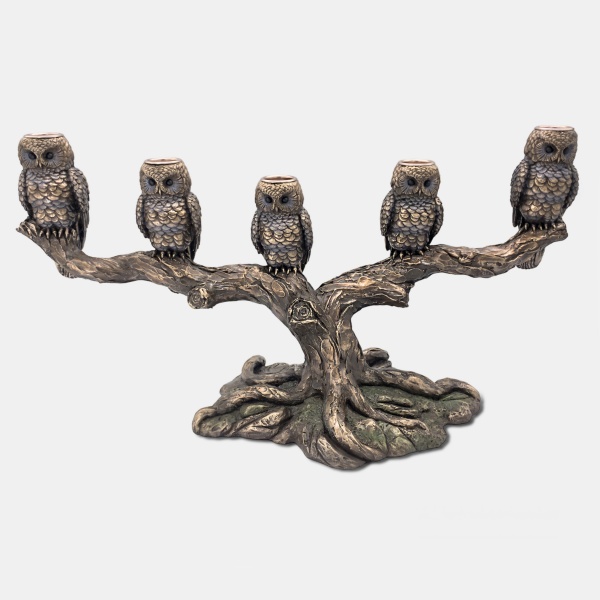 Baykuş Figürlü Şamdan, Bronz ve Renkli El Boyaması, Dekoratif Mumluk 42x17x22 cm