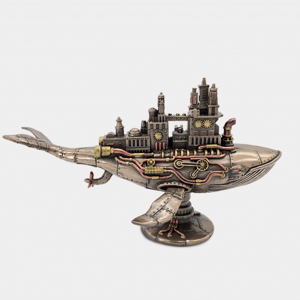 Steampunk 52Hz Galaktik Balina Savaş Gemisi Figürü, Bronz ve Renkli El Boyaması, Masa Dekoru 28x16,5x17 cm