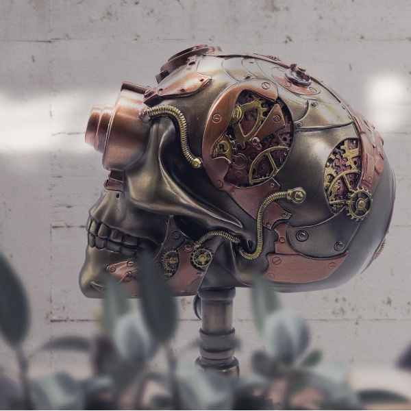 Steampunk Çarklı Kuru Kafa Figürü, Bronz ve Renkli El Boyaması, Dekoratif Heykel 17x13x22,5 cm