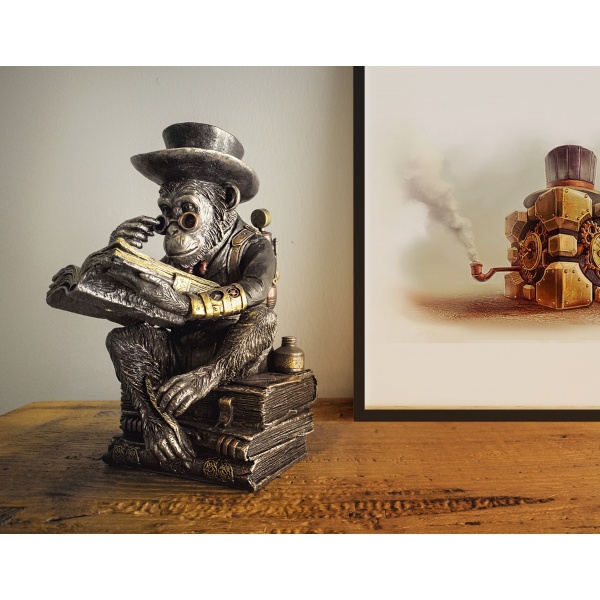 Steampunk Kitap Okuyan Şempanze Figürü, Bronz ve Renkli El Boyaması, Dekoratif Heykel 11,5x13,5x19,5 cm