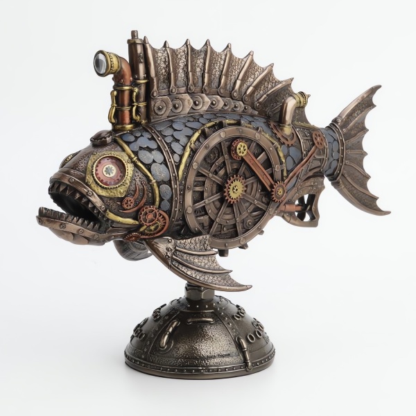 Steampunk Pirana Balığı Figürü, Renkli El Boyaması, Dekoratif Heykel 31x11x24 cm