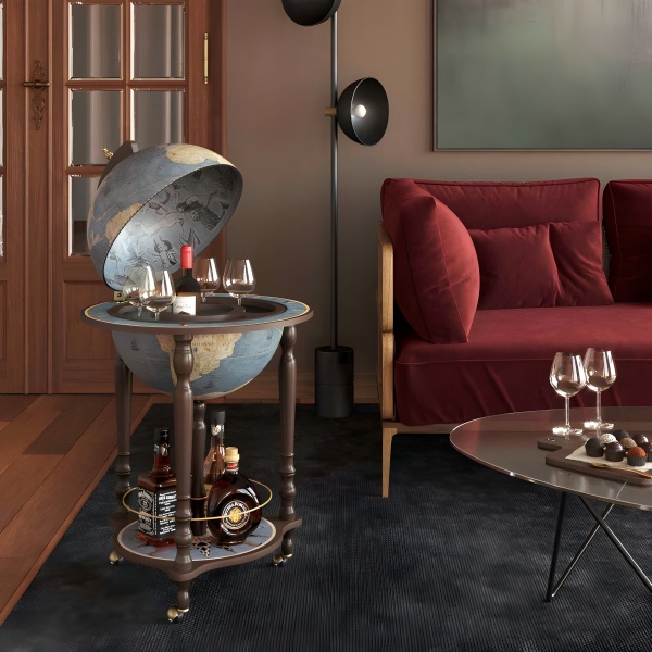 Da Vinci Blue Dust Dünya Bar İçki Sunum Servis Sehpası, XVIII. Yüzyıl Haritalı (Küre çapı 40cm)