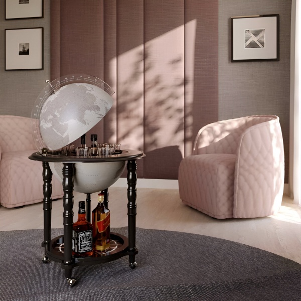 Elegance - Noir Dünya Bar İçki Sunum Servis Sehpası, Modern Haritalı  (Küre çapı 40cm)