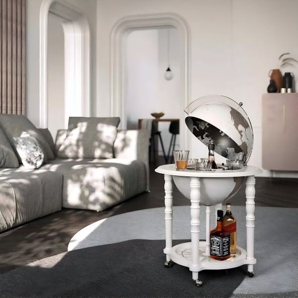 Elegance - White Dünya Bar İçki Sunum Servis Sehpası, Modern Haritalı  (Küre çapı 40cm)
