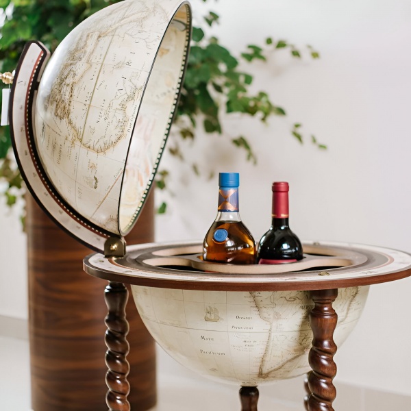 Explora - Old White Dünya Bar İçki Sunum Servis Sehpası, XVIII. Yüzyıl Haritalı (Küre çapı 40cm)