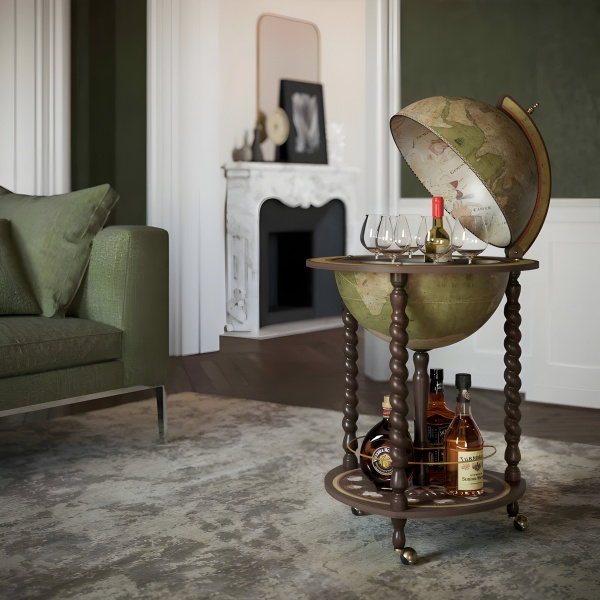 Explora - Olive Green Dünya Bar İçki Sunum Servis Sehpası, XVIII. Yüzyıl Haritalı (Küre çapı 40cm)