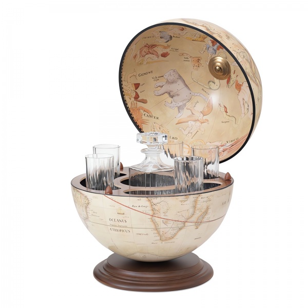 Giove Dünya Bar İçki Sunum Servis Sehpası, XVIII. Yüzyıl Haritalı (Küre çapı 40cm)