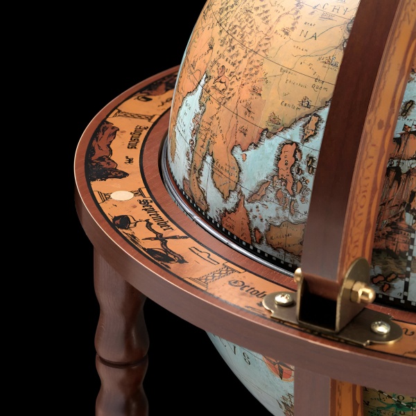Minerva Blue Ocean Dünya Bar İçki Sunum Servis Sehpası, XVI. Yüzyıl Haritalı  (Küre çapı 40cm)