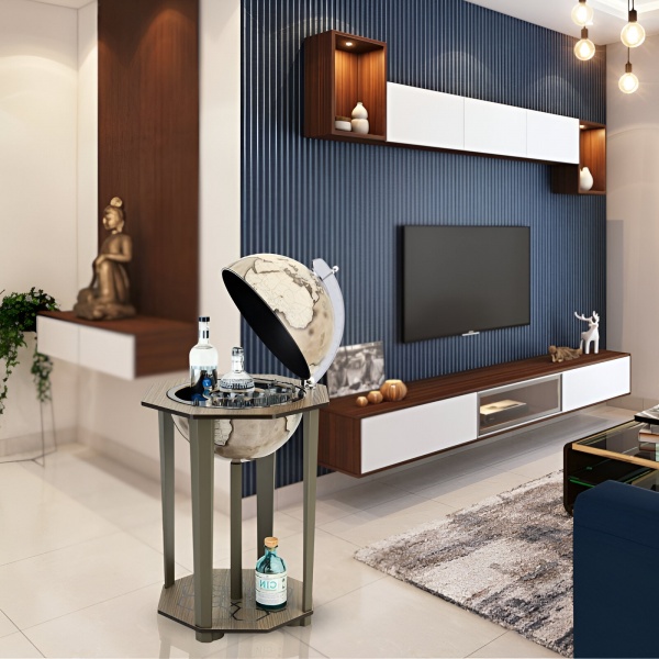 Oktagono Dünya Bar İçki Sunum Servis Sehpası, Modern Haritalı  (Küre çapı 40cm)