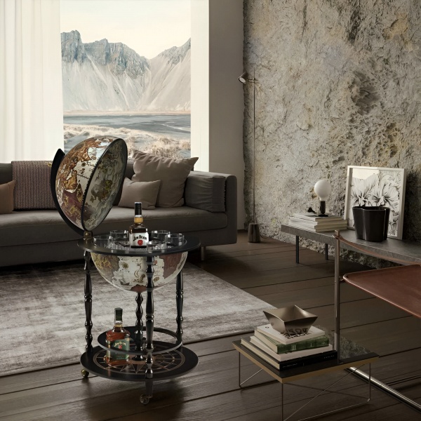 Vulcano Dünya Bar İçki Sunum Servis Sehpası, Vintage Haritalı (Küre çapı 42cm)